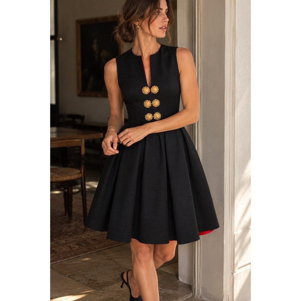 Vintage 80s A.J. Bari‎ Black Fit Flare Cocktail Dress Gold Medallion Buttons 4